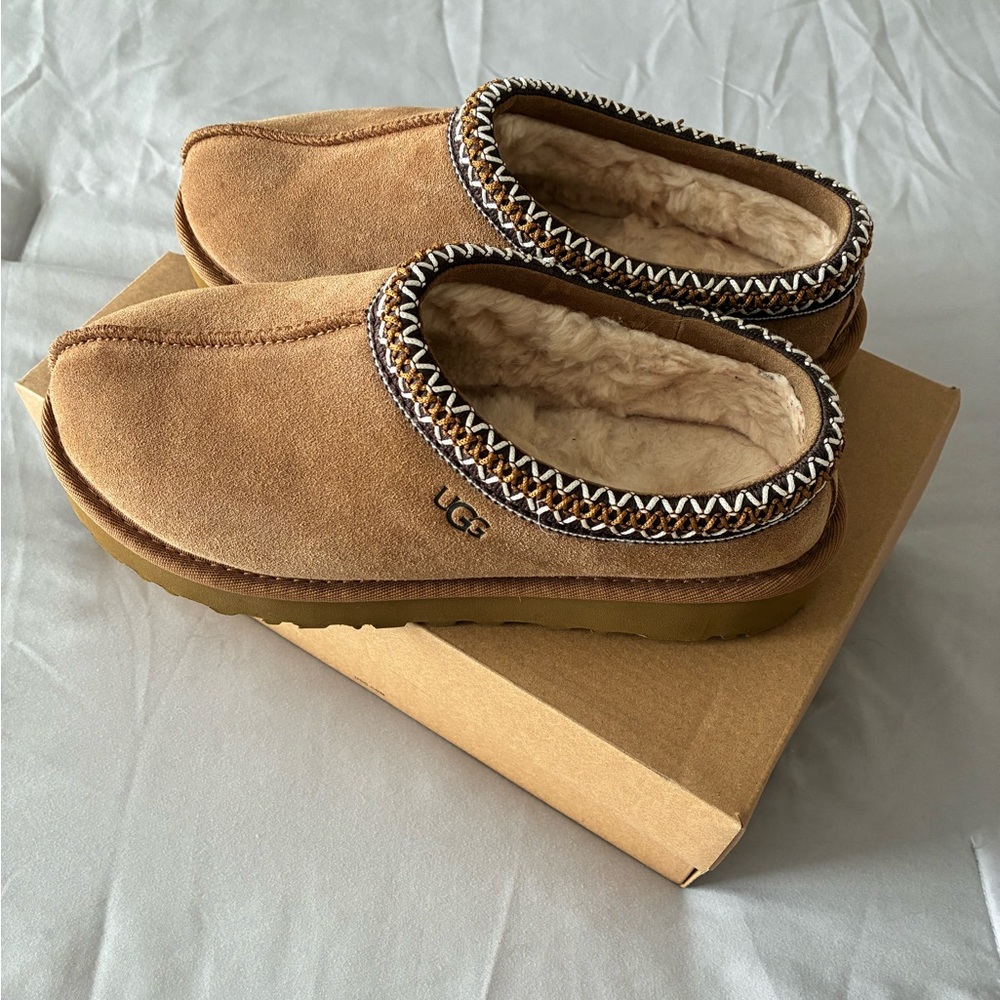 UGG Chestnut Suede Slip-Ons with Patterned Trim